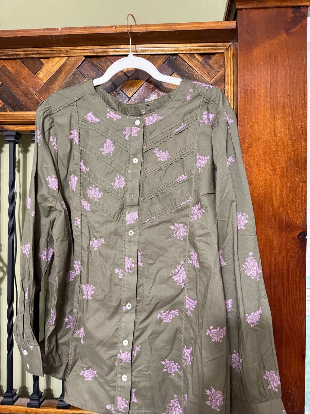 Talbots Olive Green Button-Front Blouse with Pink Floral Embroidery